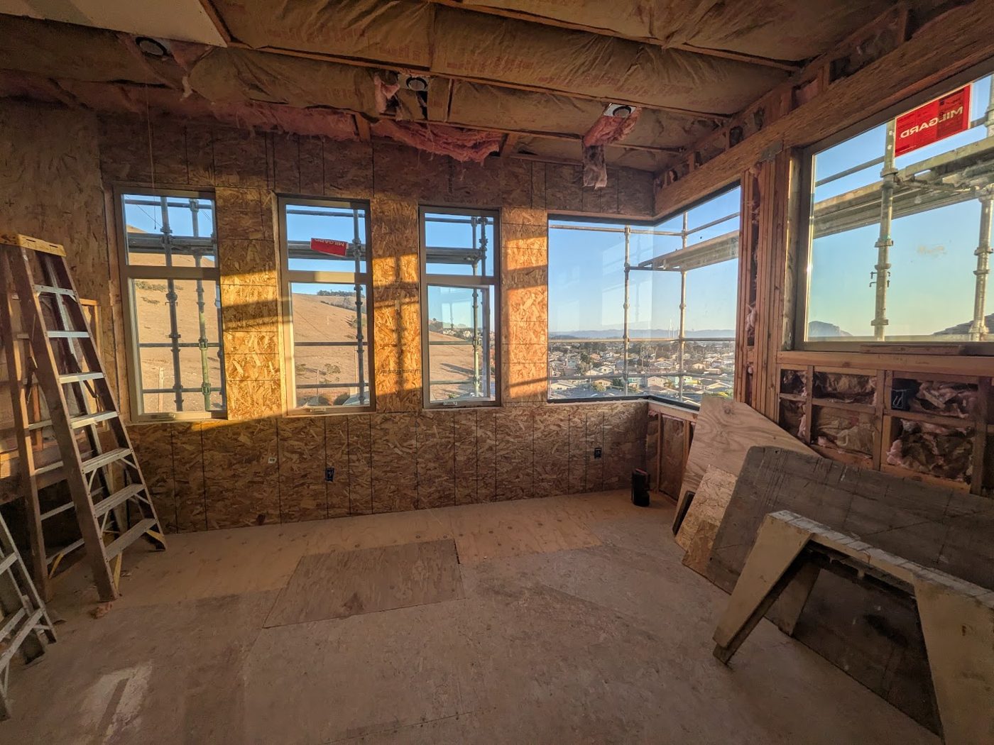 Insulated walls and ceiling in the corner-window room at 498 Orcas